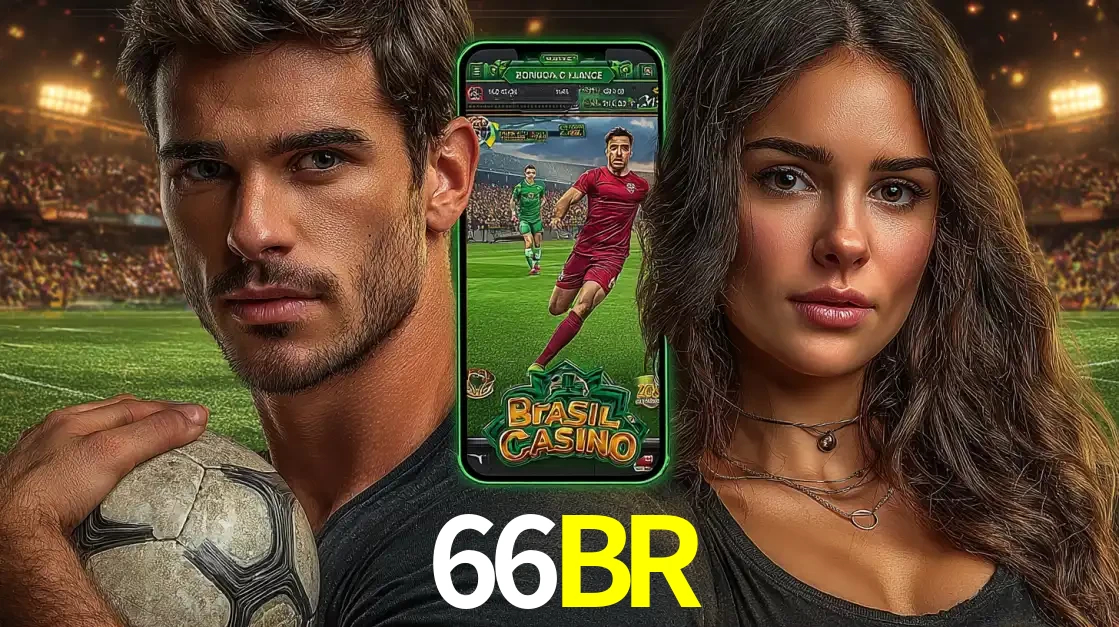 Homem segurando uma bola de futebol e uma mulher ao lado de um smartphone exibindo o jogo de apostas esportivas da 66BR. Faça seu palpite no cassino online.